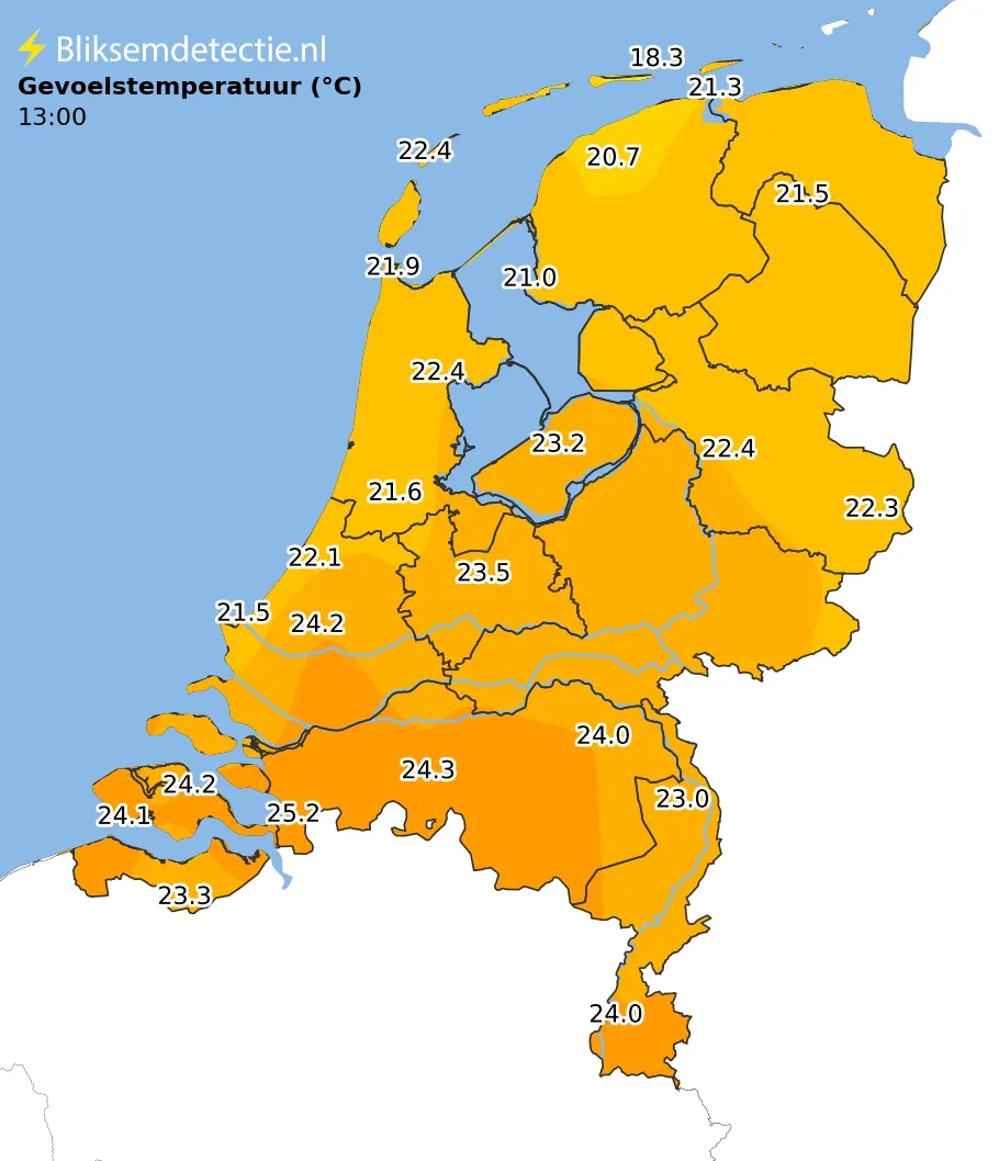 Gevoelstemperatuur kaart Nederland