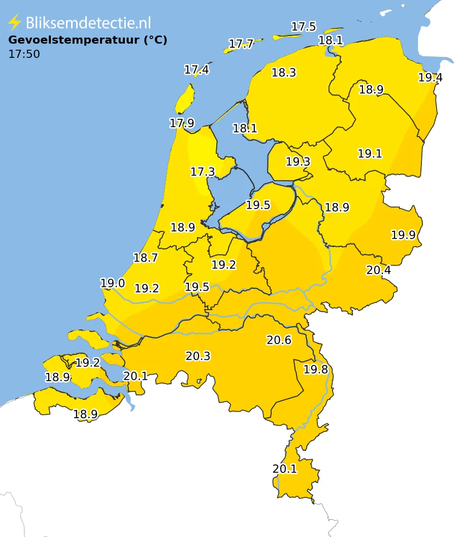 Gevoelstemperatuur kaart Nederland