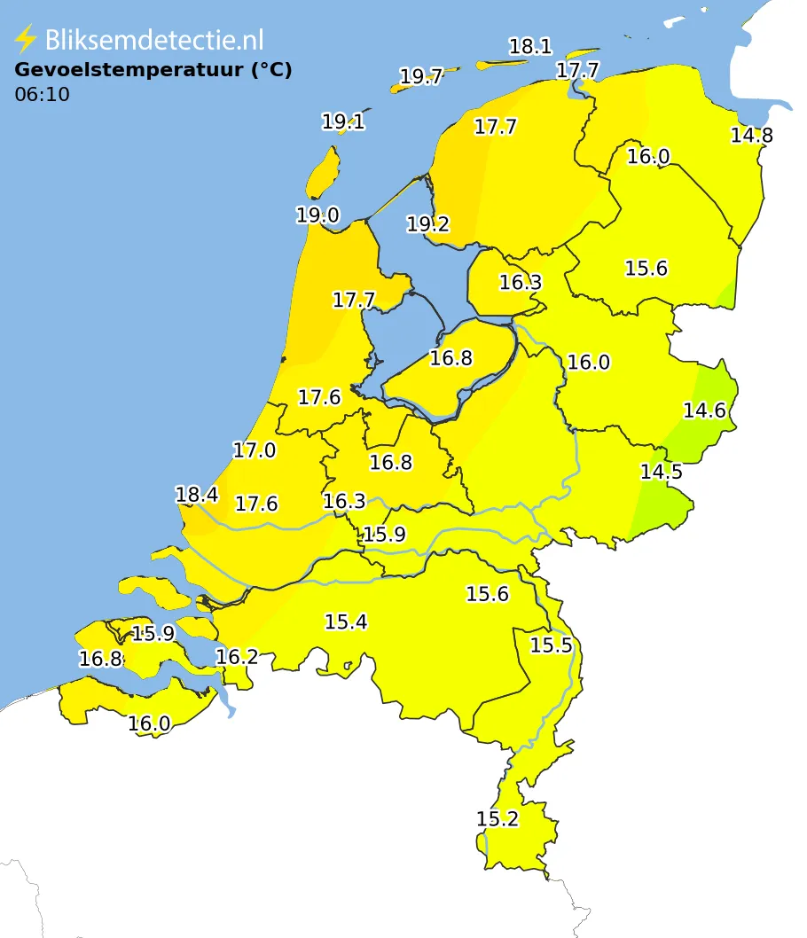 Gevoelstemperatuur kaart Nederland