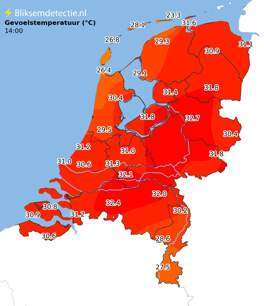 Gevoelstemperatuur kaart Nederland