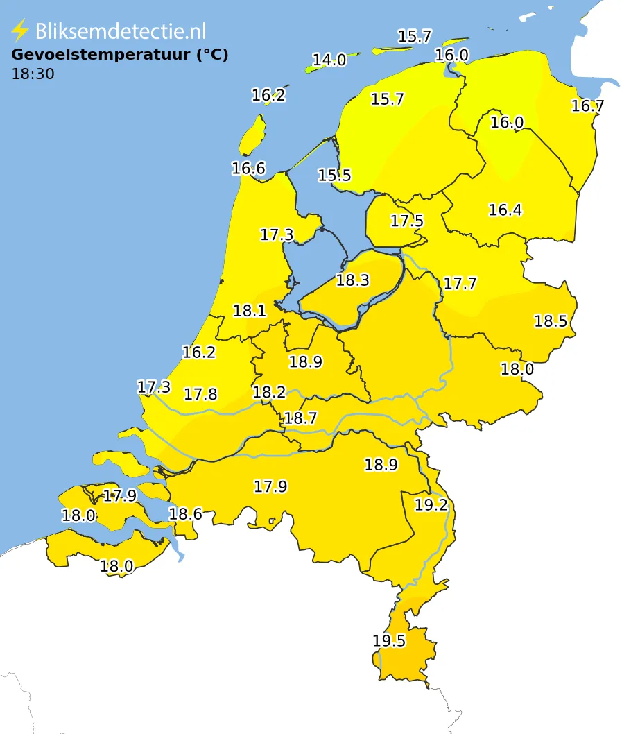 Gevoelstemperatuur kaart Nederland