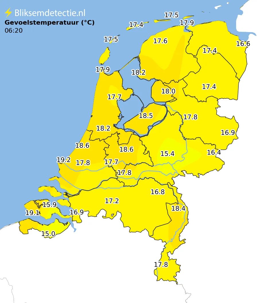 Gevoelstemperatuur kaart Nederland