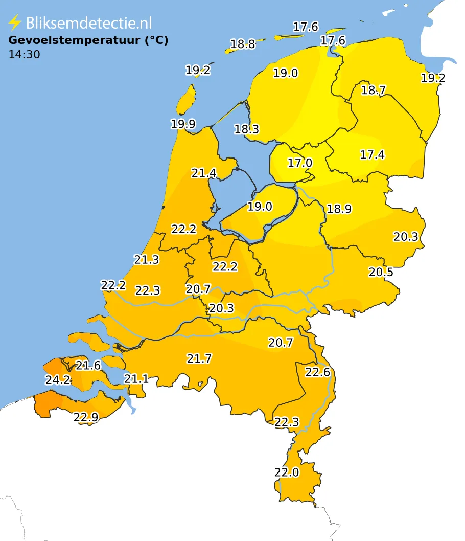 Gevoelstemperatuur kaart Nederland