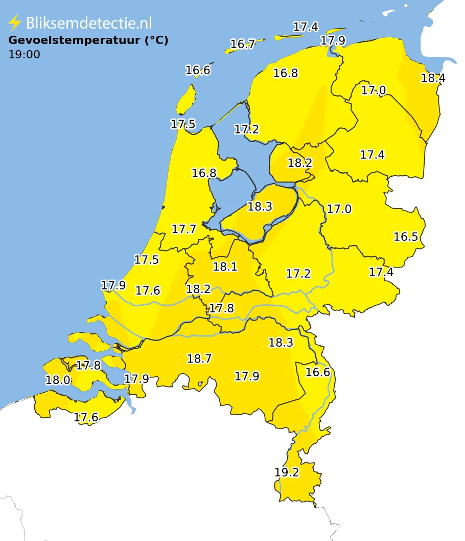 Gevoelstemperatuur kaart Nederland