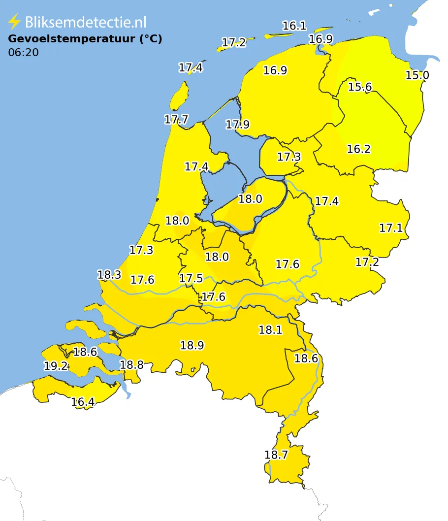 Gevoelstemperatuur kaart Nederland