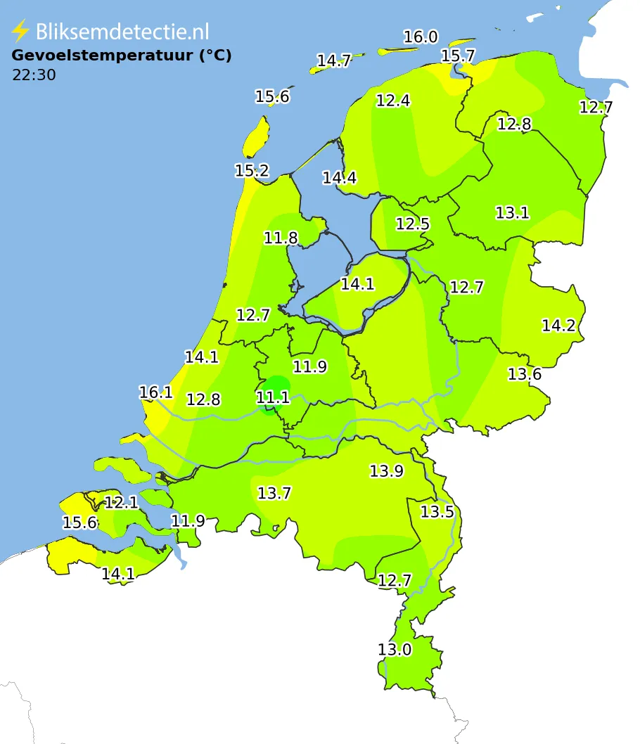 Gevoelstemperatuur kaart Nederland