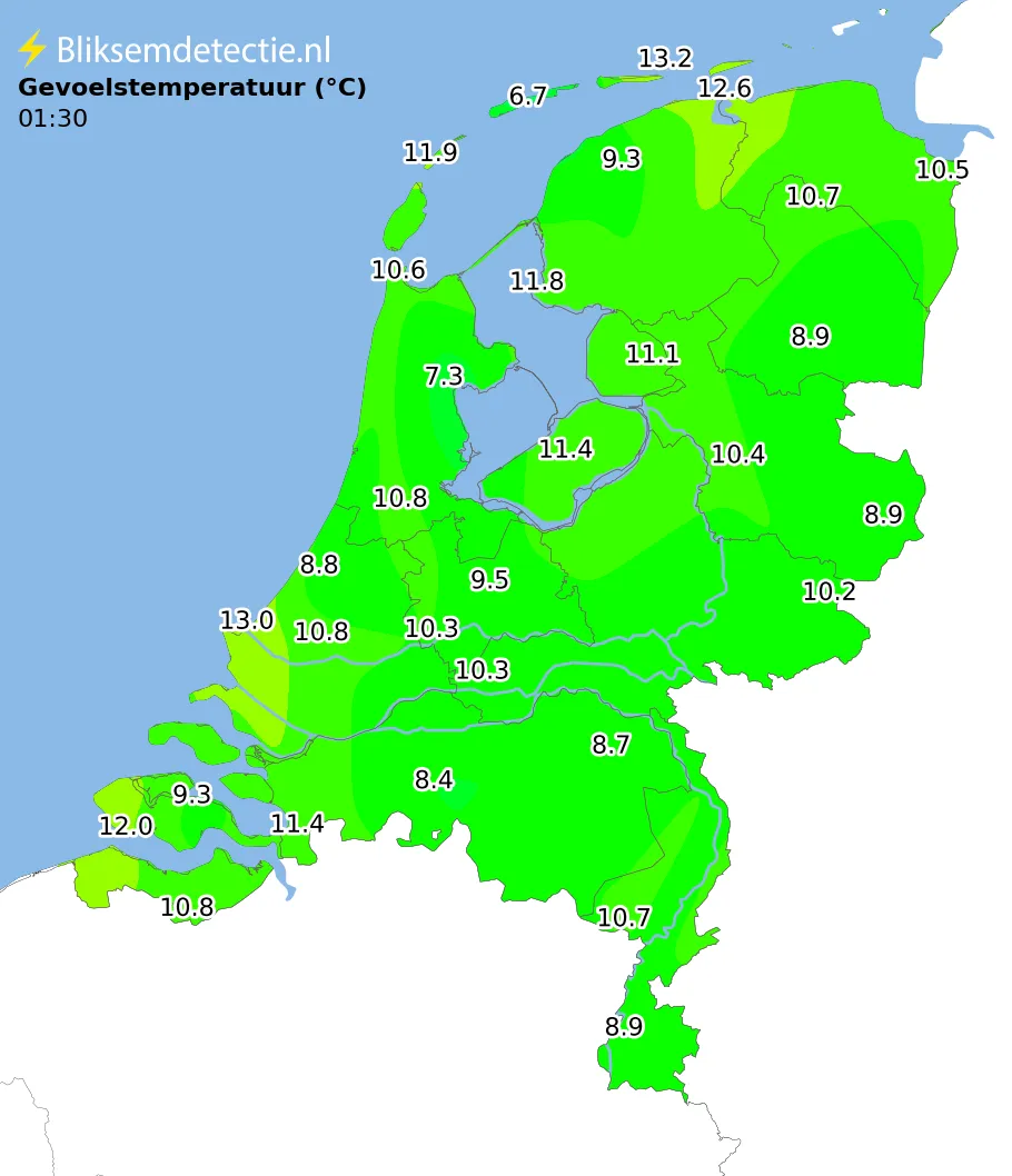 Gevoelstemperatuur kaart Nederland