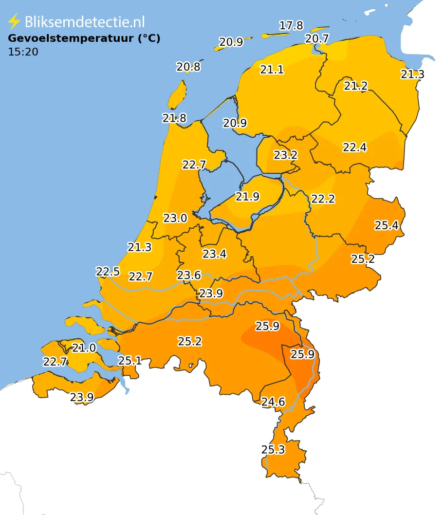 Gevoelstemperatuur kaart Nederland