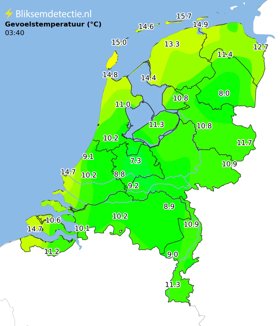 Gevoelstemperatuur kaart Nederland