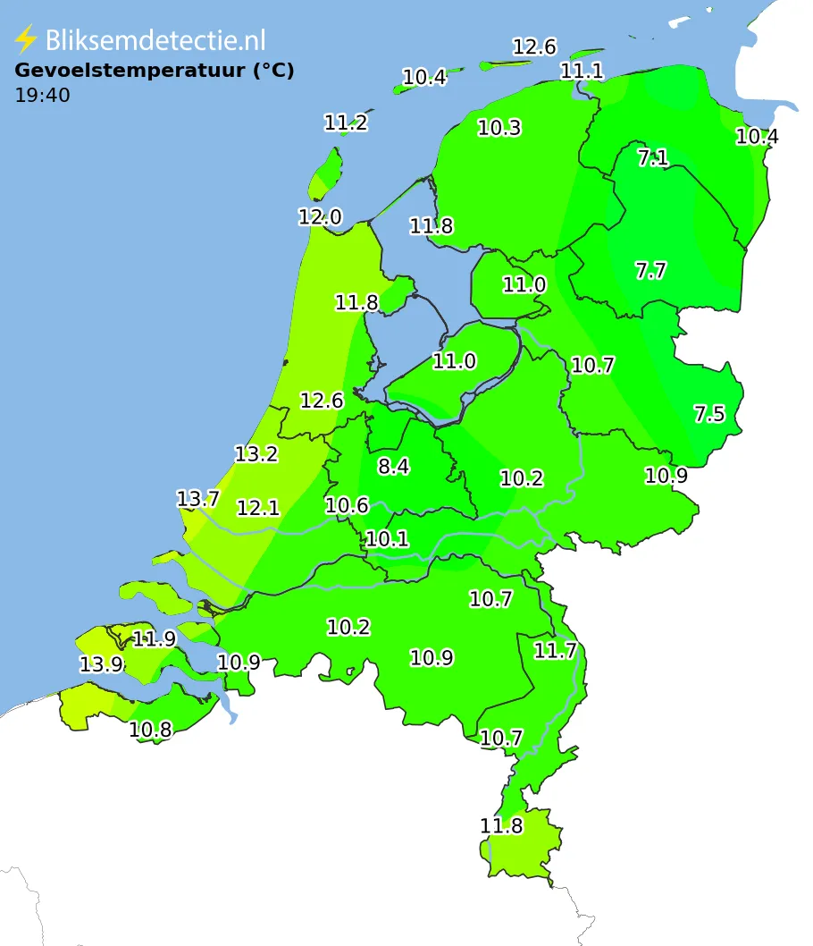 Gevoelstemperatuur kaart Nederland