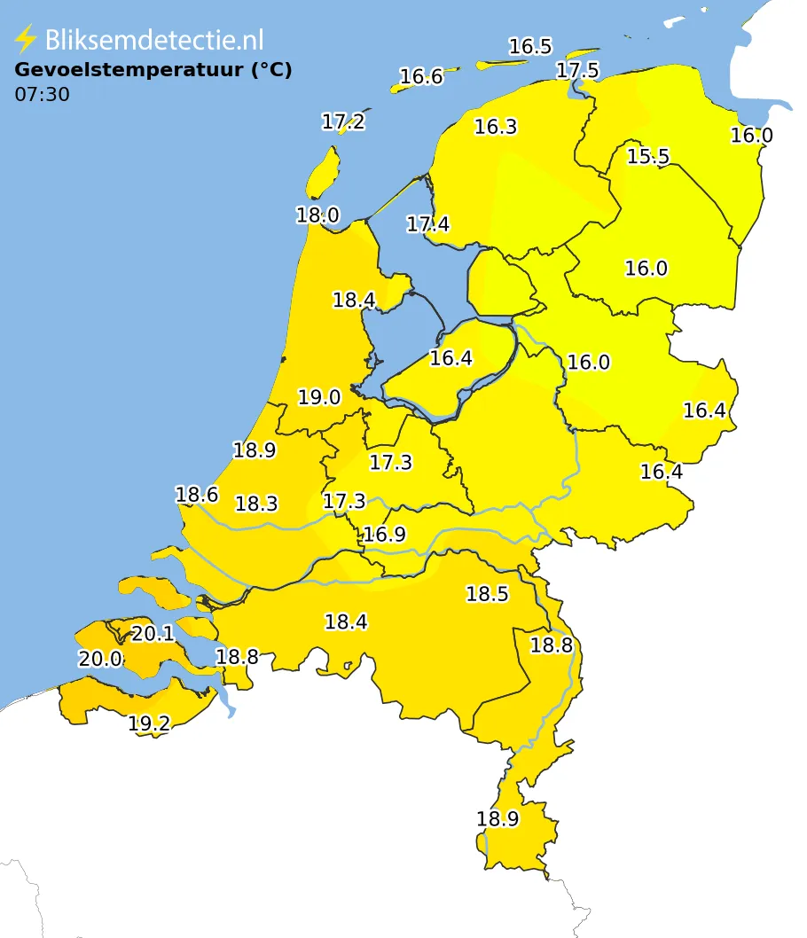 Gevoelstemperatuur kaart Nederland