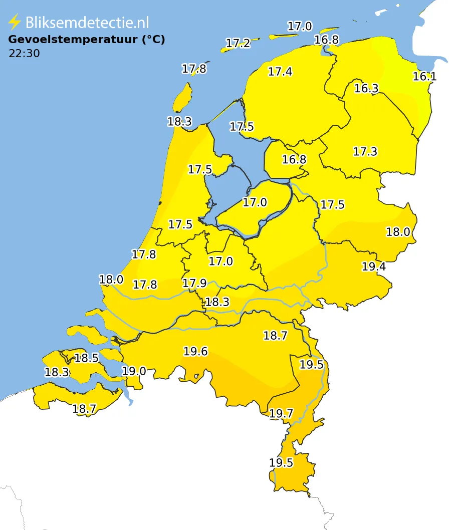 Gevoelstemperatuur kaart Nederland