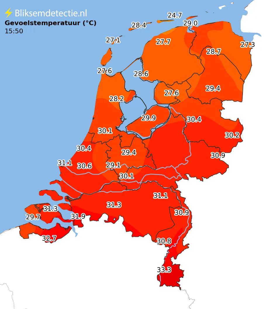 Gevoelstemperatuur kaart Nederland