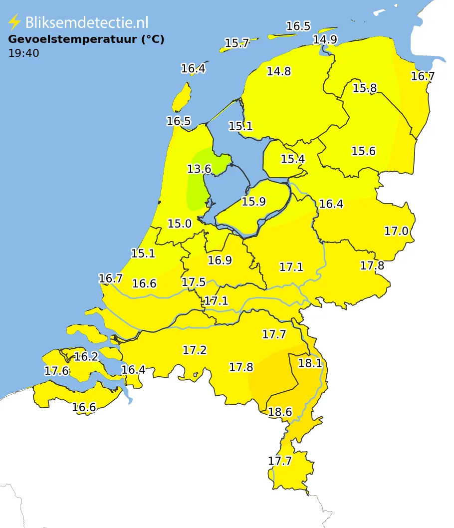 Gevoelstemperatuur kaart Nederland