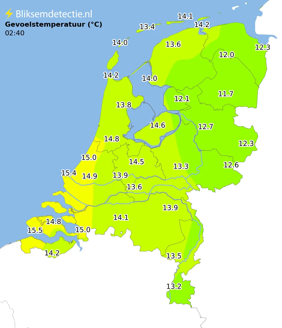 Gevoelstemperatuur kaart Nederland
