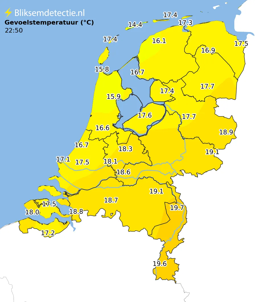 Gevoelstemperatuur kaart Nederland