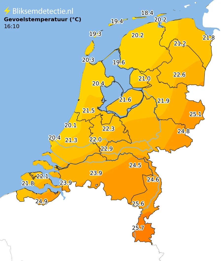 Gevoelstemperatuur kaart Nederland