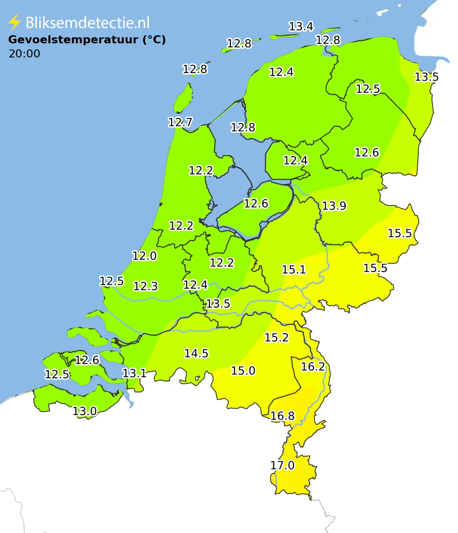 Gevoelstemperatuur kaart Nederland
