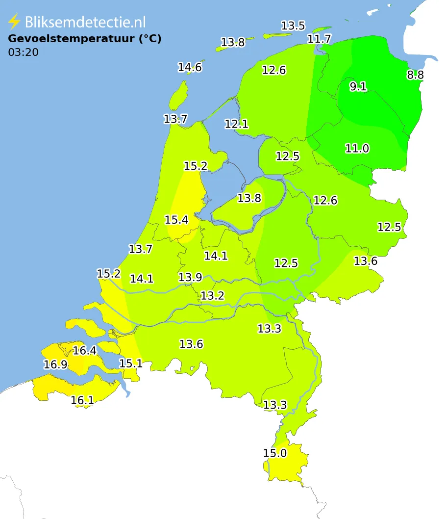 Gevoelstemperatuur kaart Nederland
