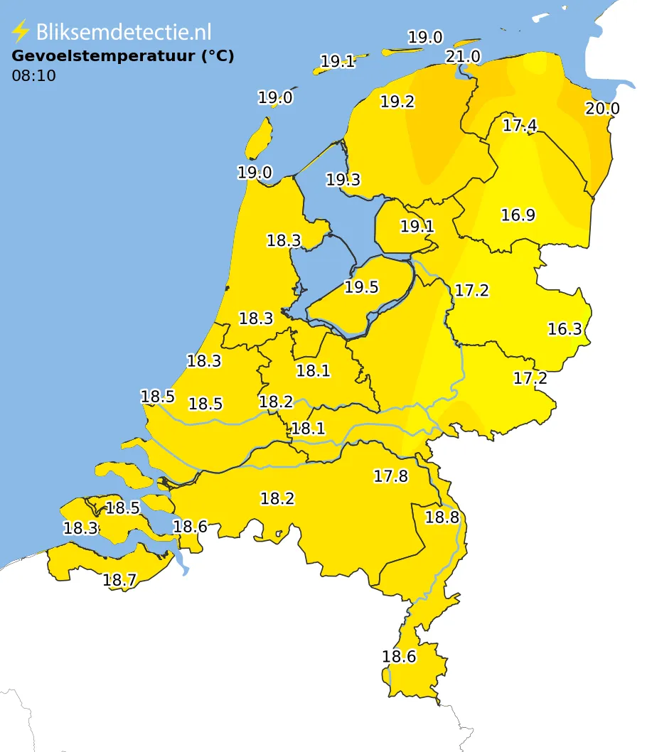 Gevoelstemperatuur kaart Nederland