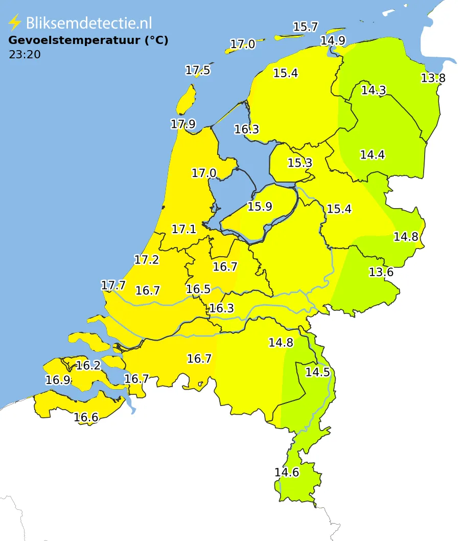 Gevoelstemperatuur kaart Nederland