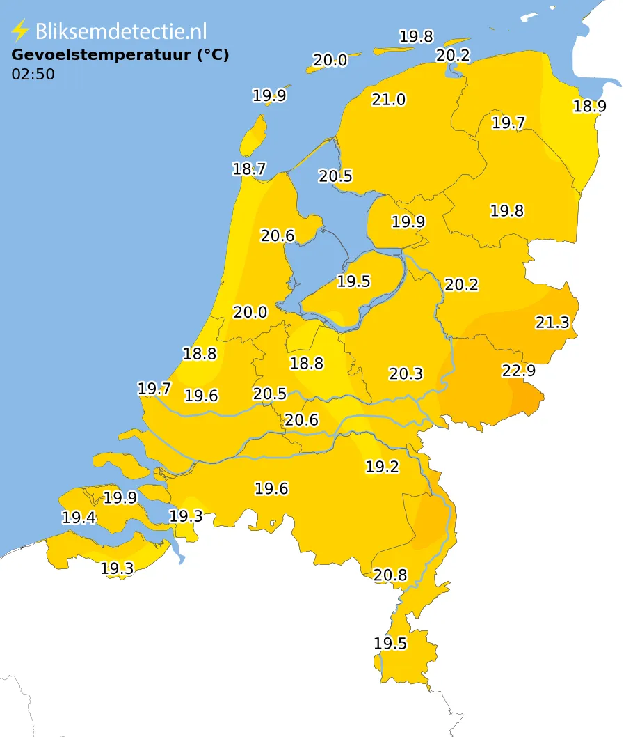 Gevoelstemperatuur kaart Nederland
