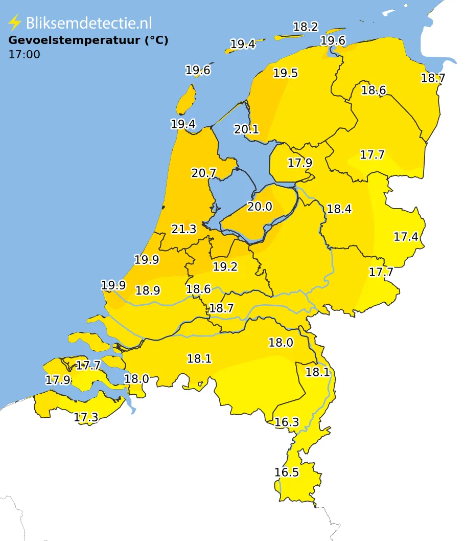 Gevoelstemperatuur kaart Nederland