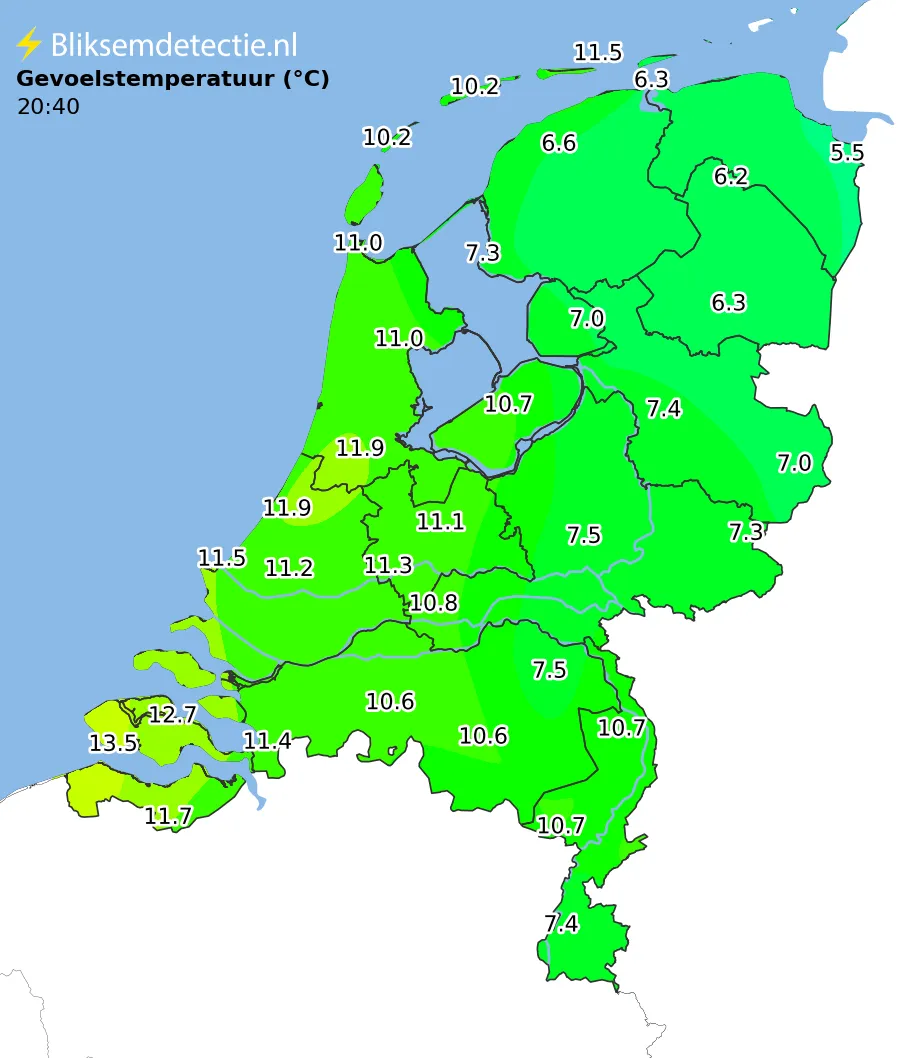 Gevoelstemperatuur kaart Nederland