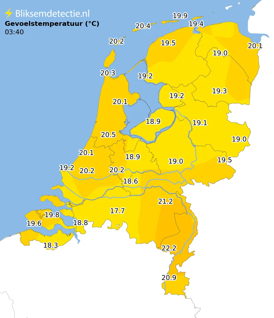 Gevoelstemperatuur kaart Nederland