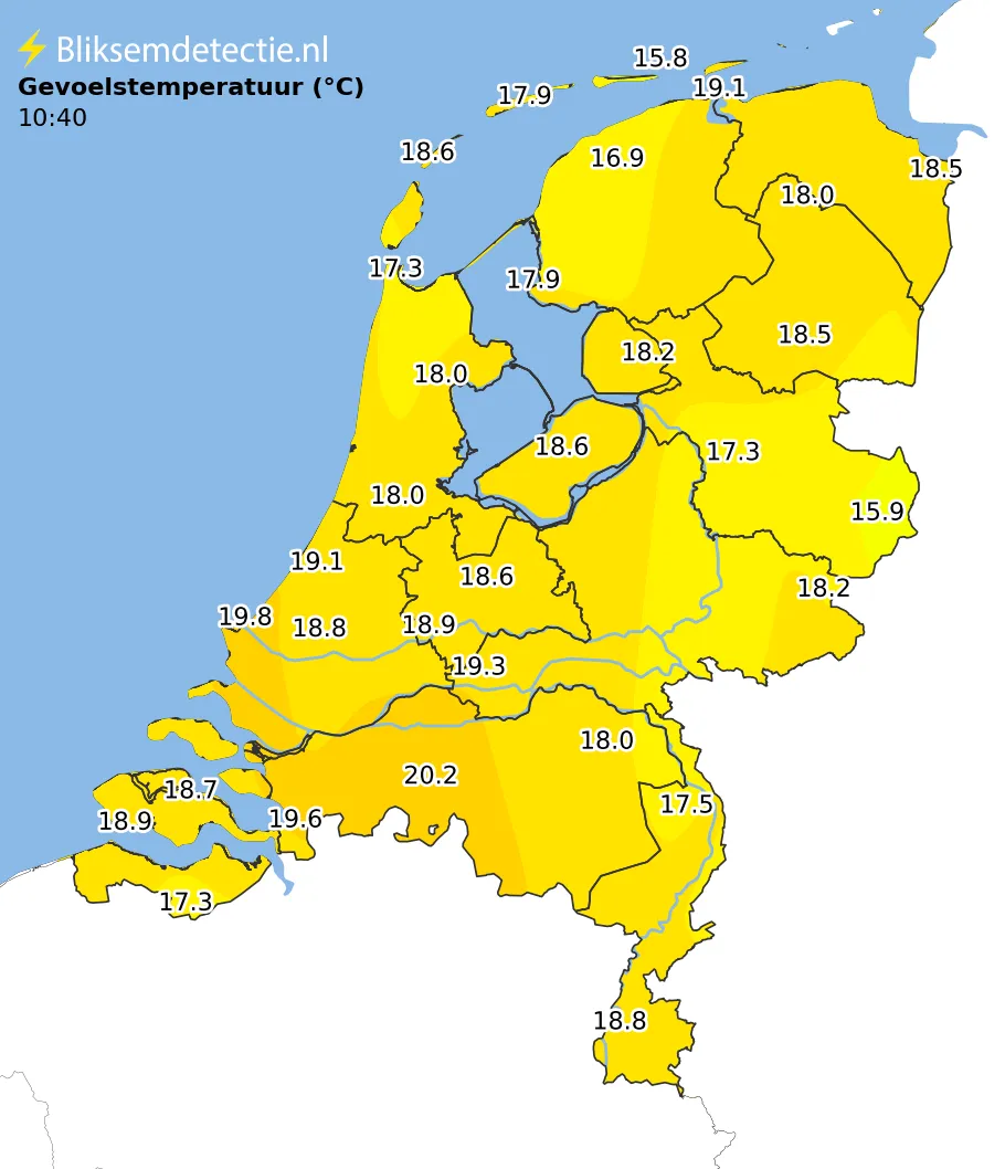 Gevoelstemperatuur kaart Nederland