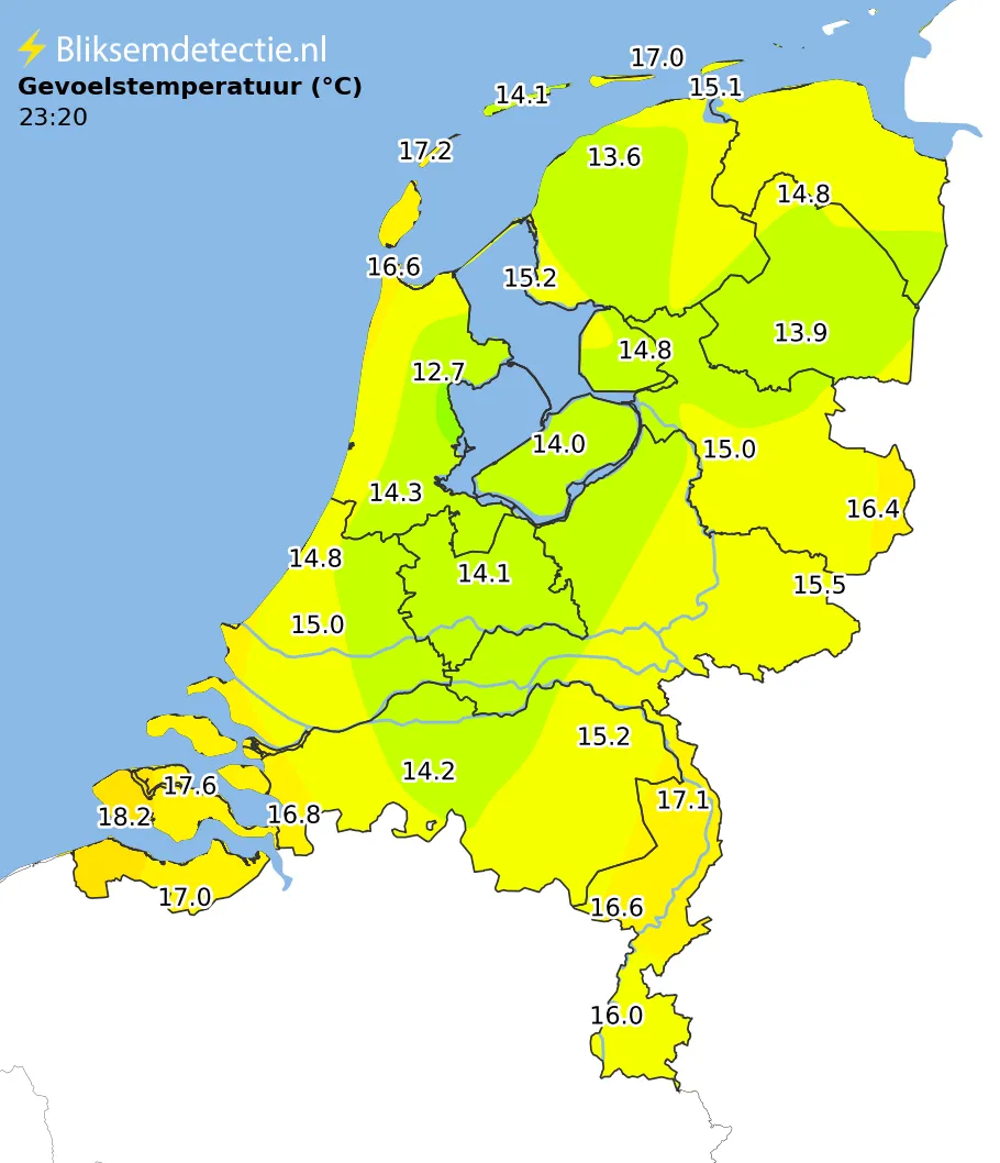 Gevoelstemperatuur kaart Nederland