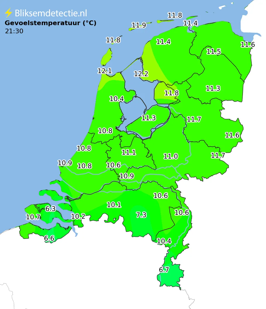 Gevoelstemperatuur kaart Nederland