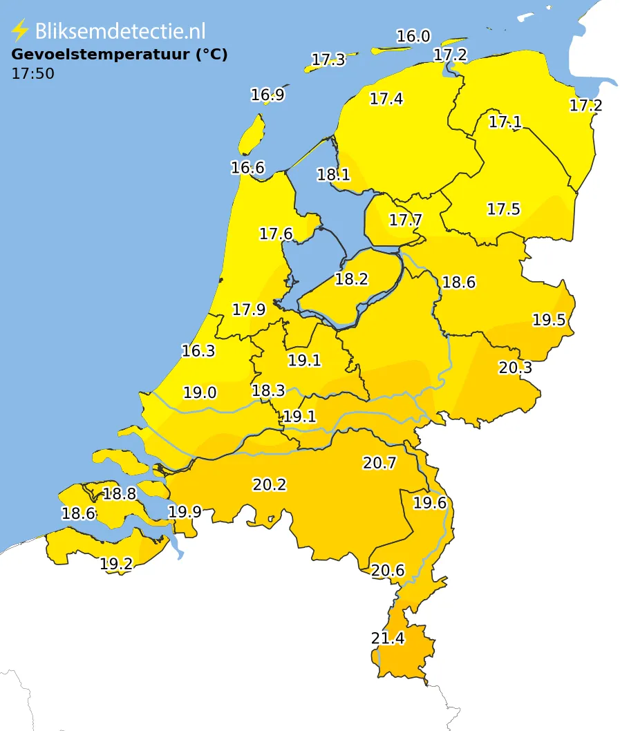 Gevoelstemperatuur kaart Nederland