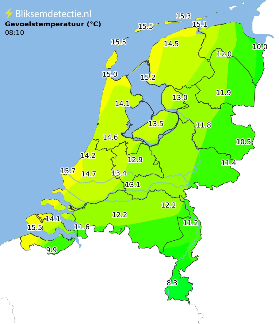 Gevoelstemperatuur kaart Nederland