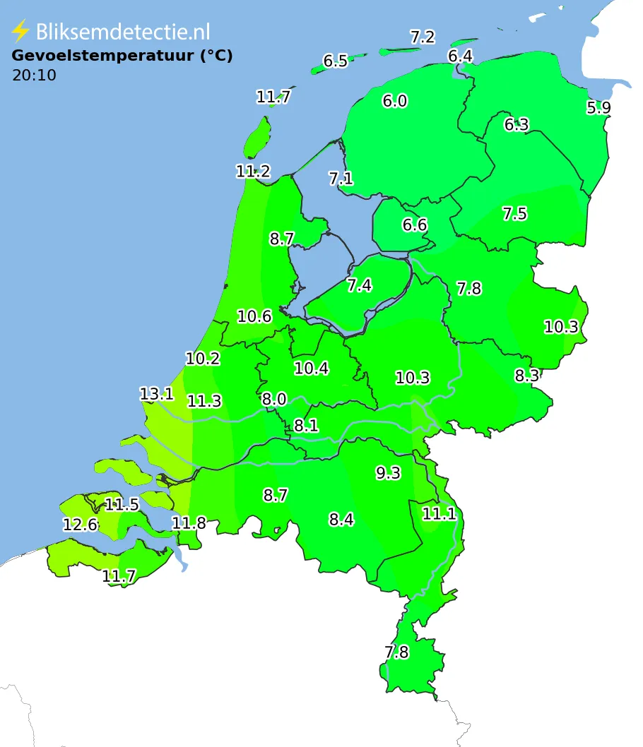 Gevoelstemperatuur kaart Nederland