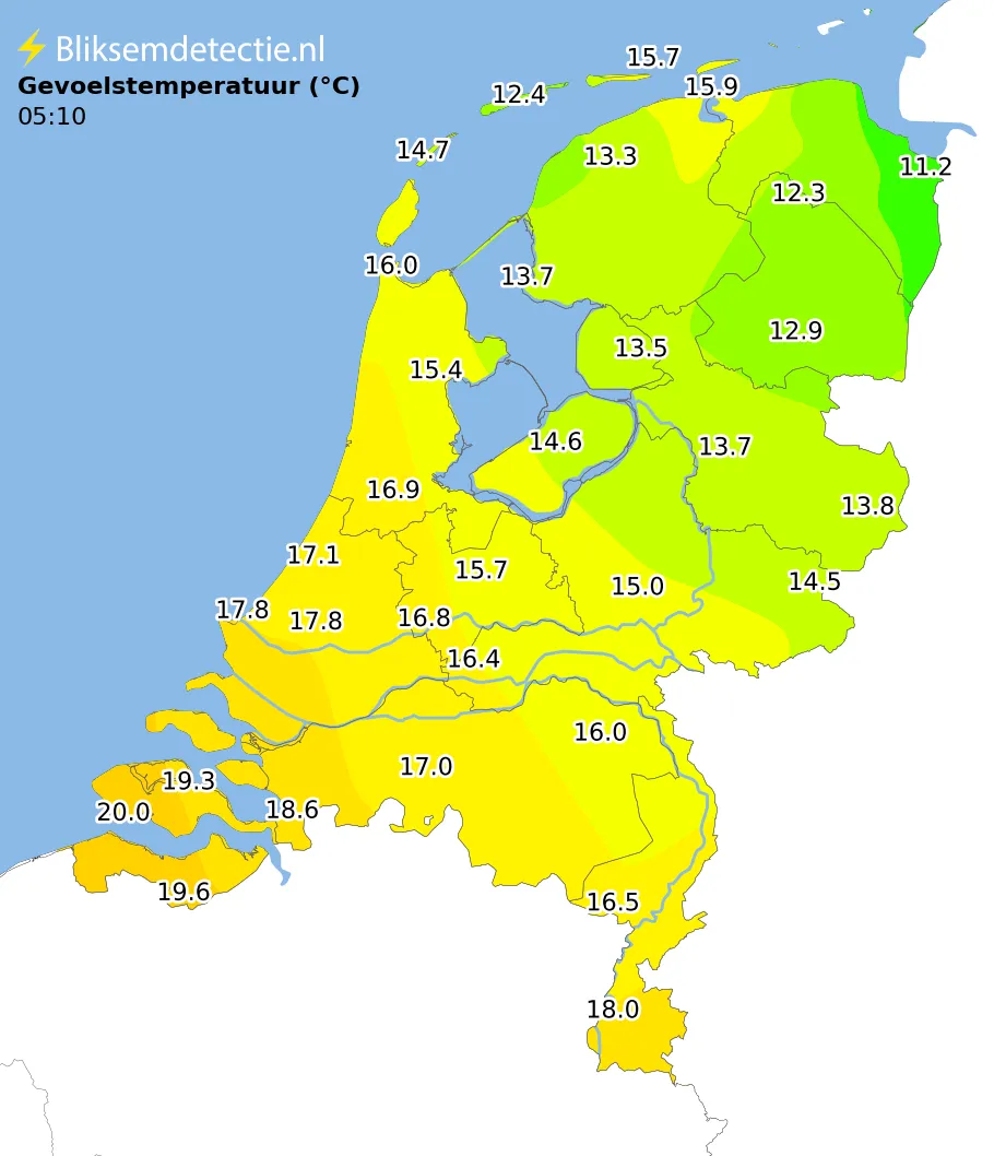 Gevoelstemperatuur kaart Nederland