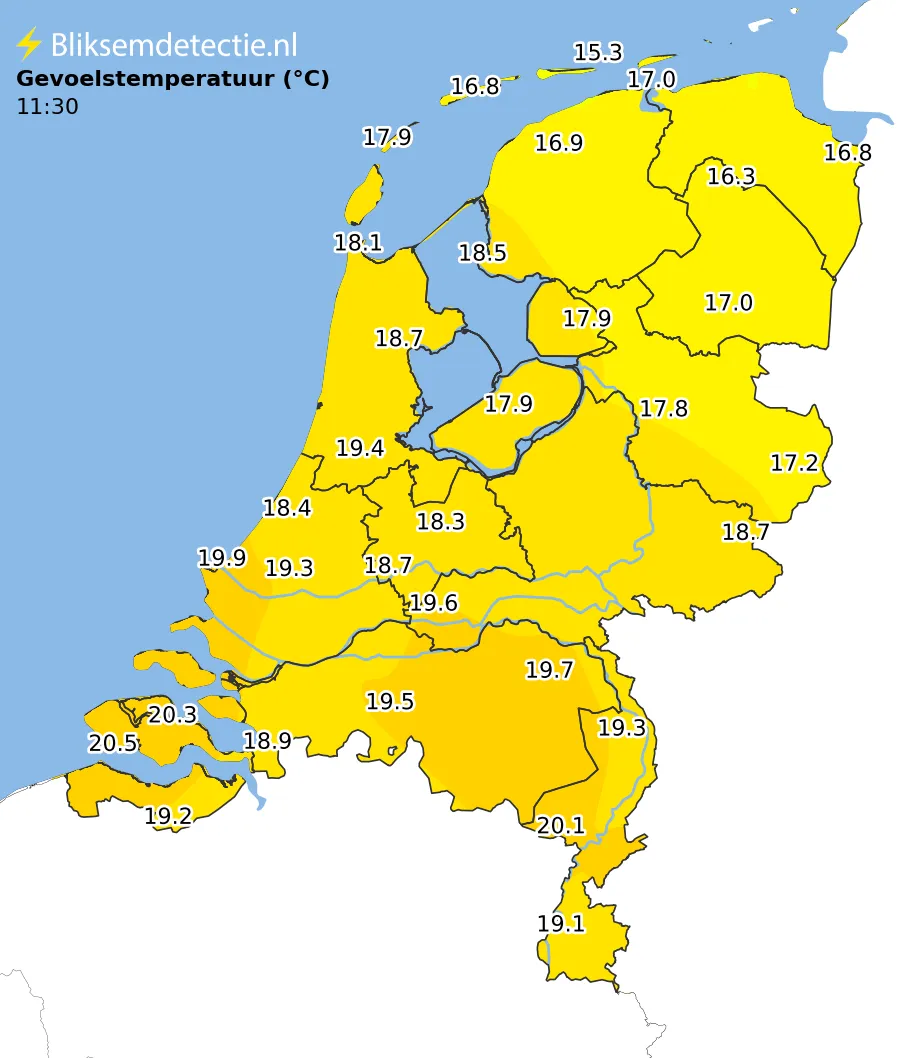 Gevoelstemperatuur kaart Nederland
