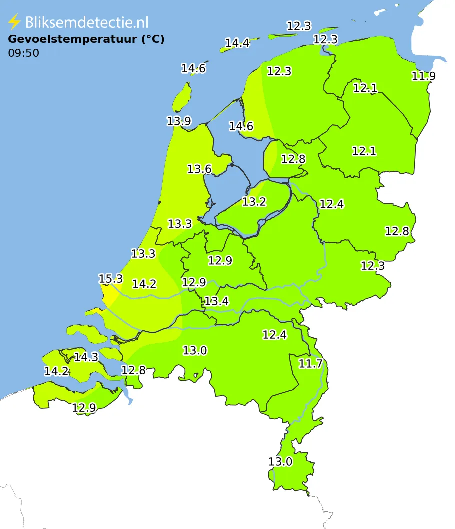 Gevoelstemperatuur kaart Nederland
