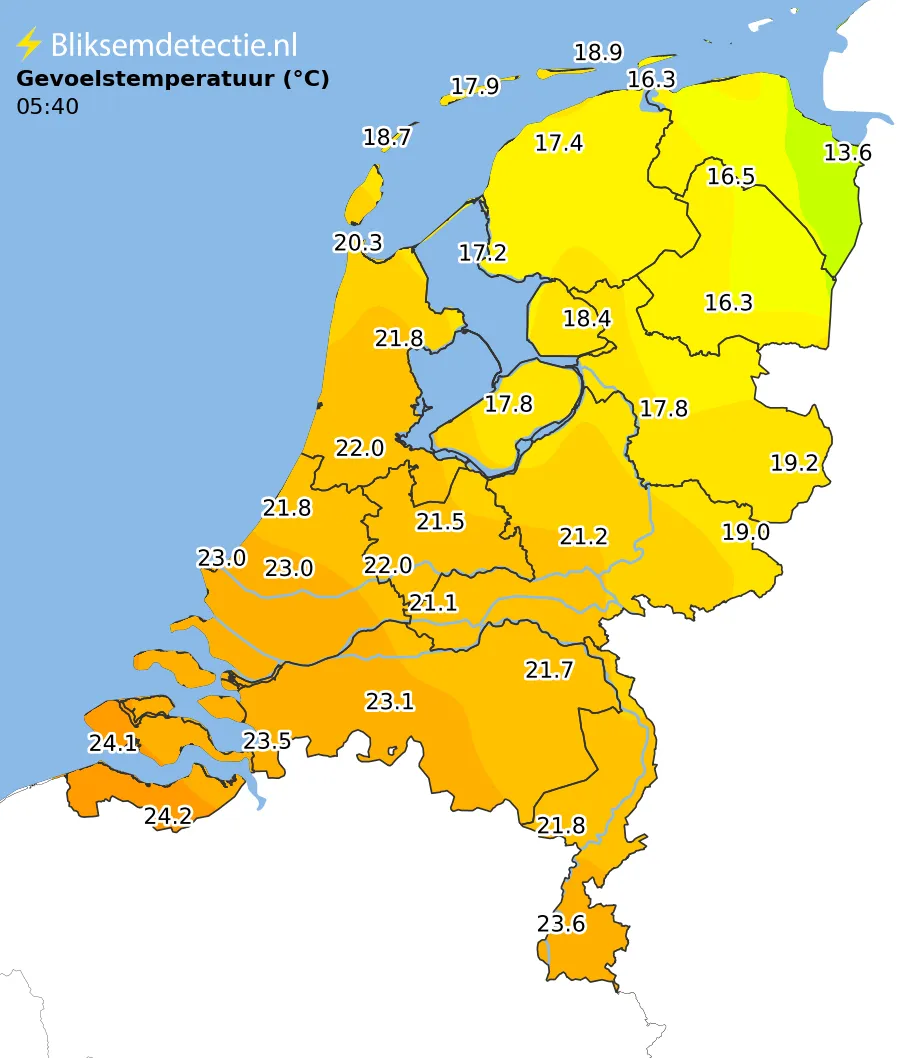 Gevoelstemperatuur kaart Nederland