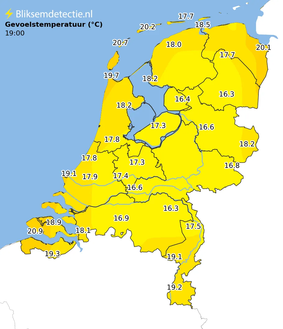 Gevoelstemperatuur kaart Nederland