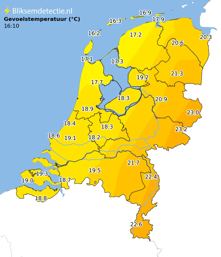 Gevoelstemperatuur kaart Nederland