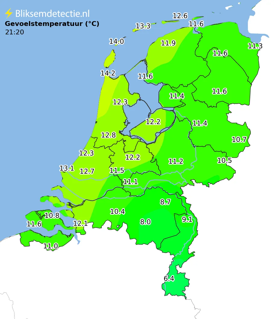 Gevoelstemperatuur kaart Nederland