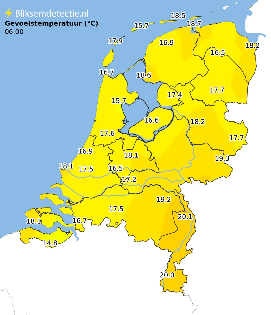 Gevoelstemperatuur kaart Nederland