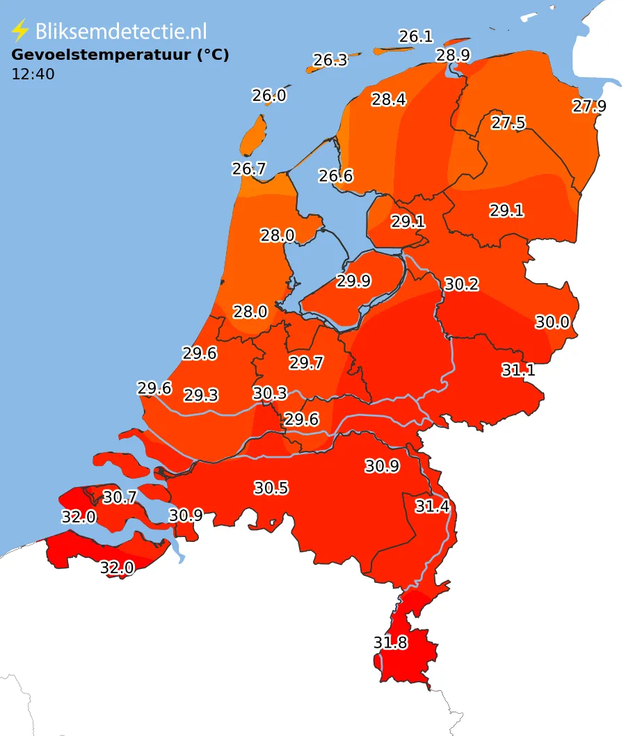 Gevoelstemperatuur kaart Nederland