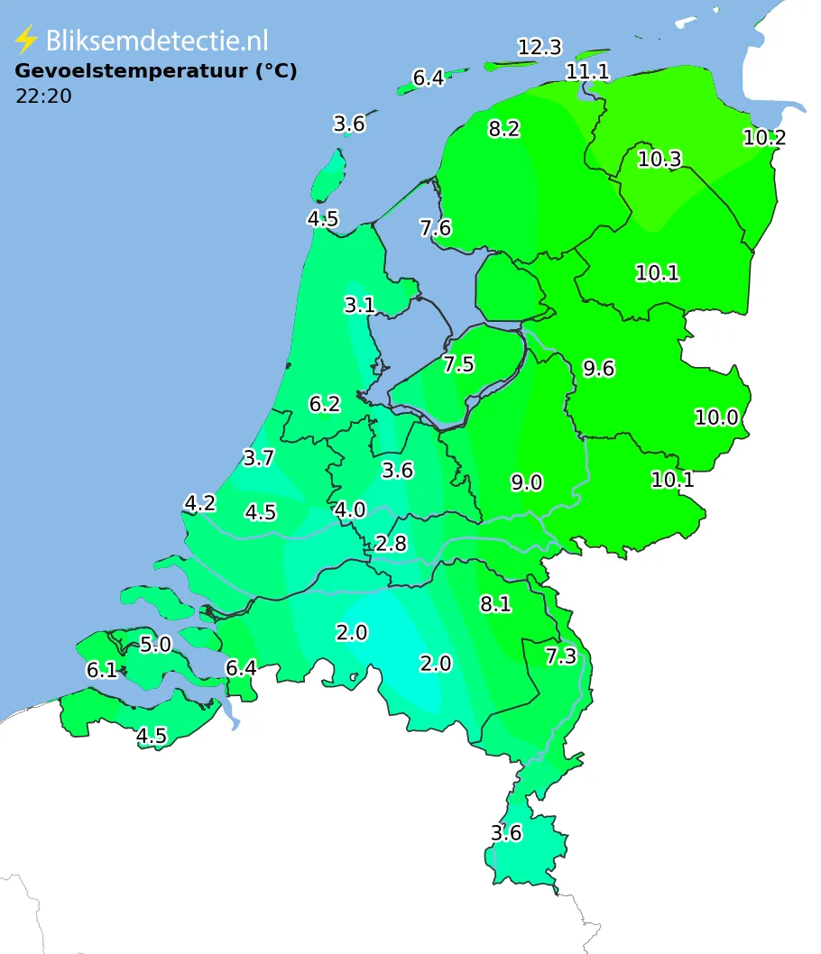 Gevoelstemperatuur kaart Nederland