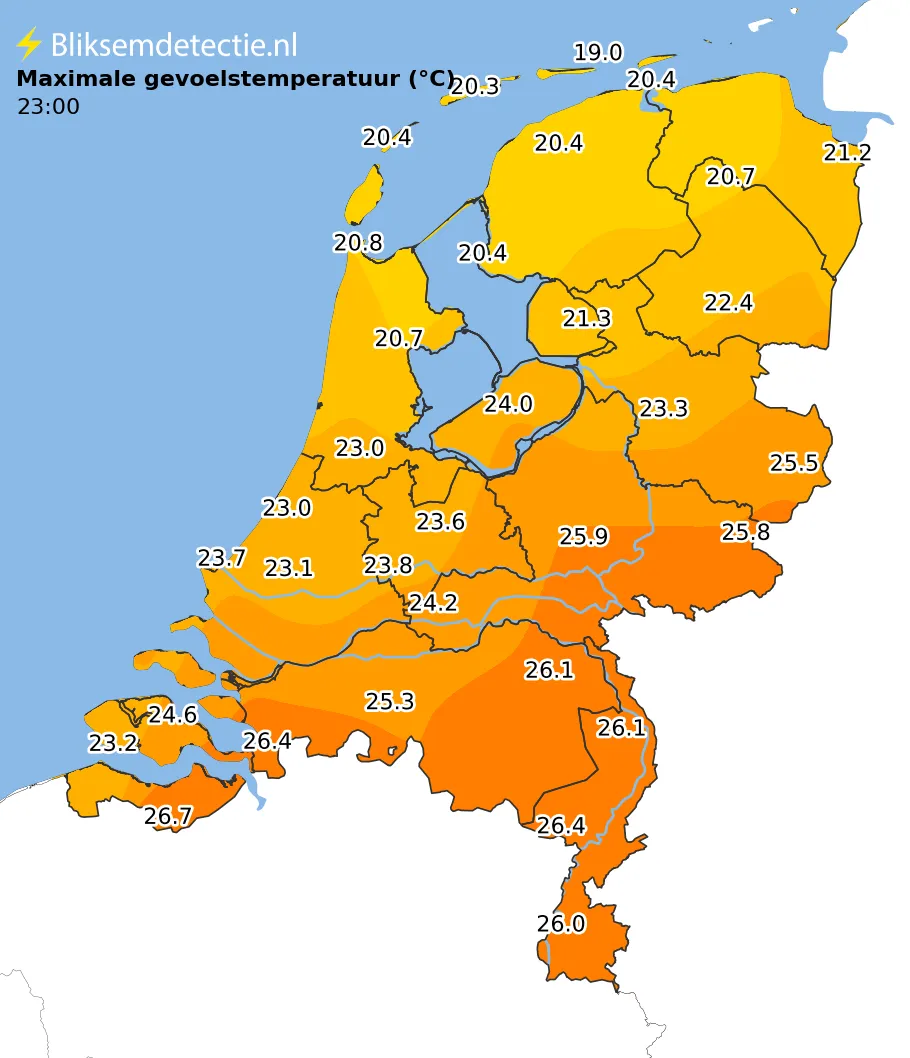 Maximale gevoelstemperatuur kaart Nederland