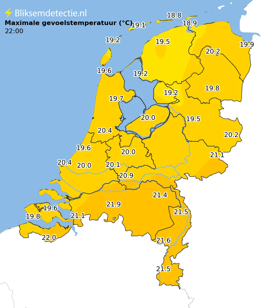 Maximale gevoelstemperatuur kaart Nederland