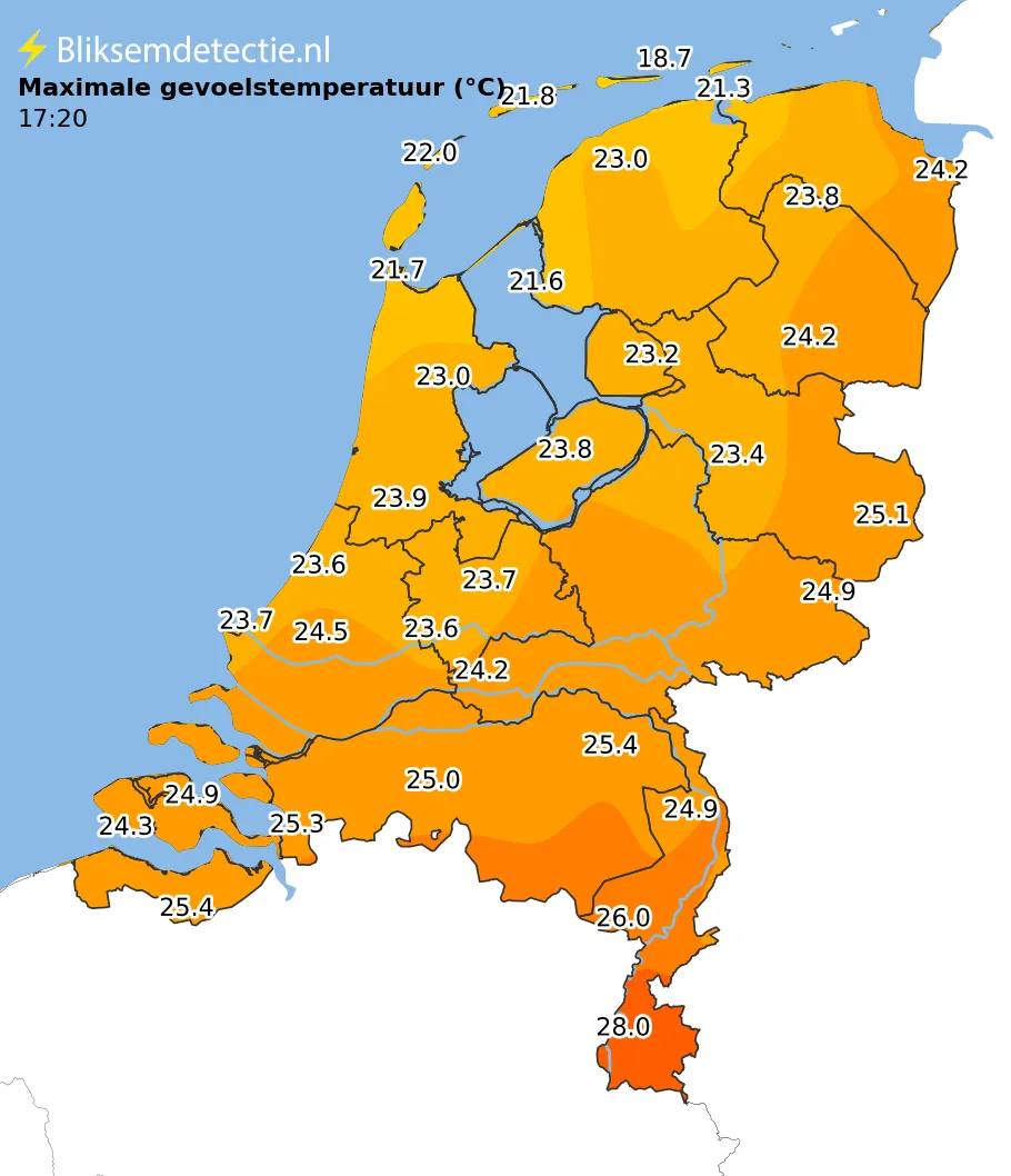 Maximale gevoelstemperatuur kaart Nederland