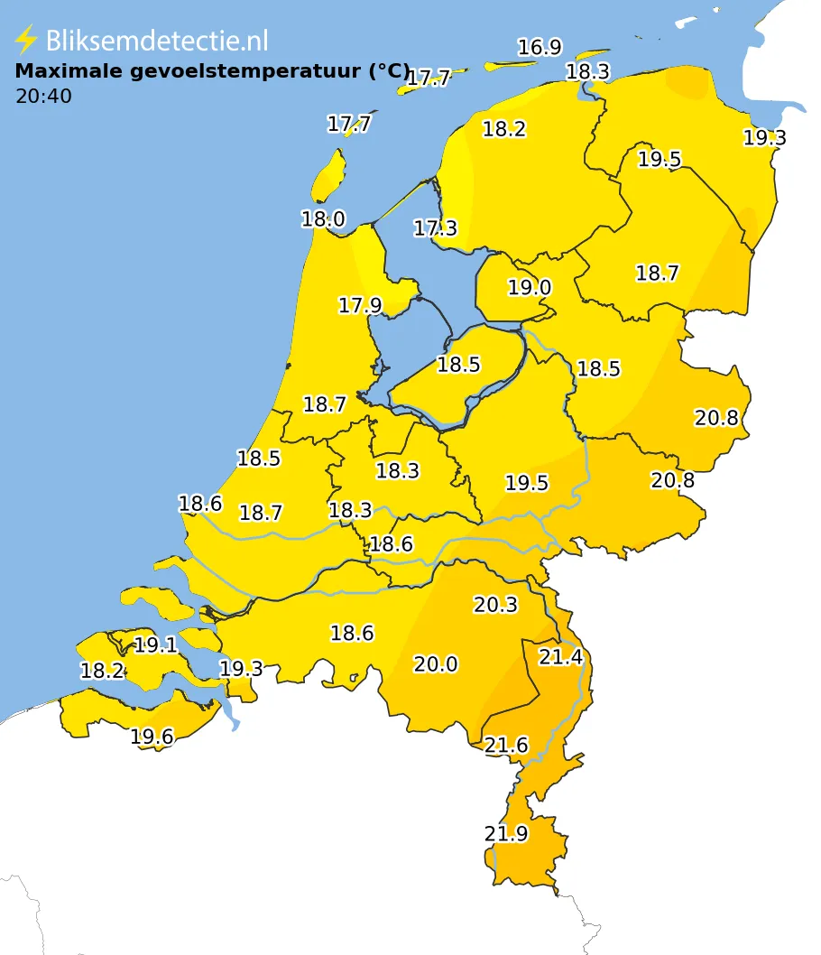 Maximale gevoelstemperatuur kaart Nederland