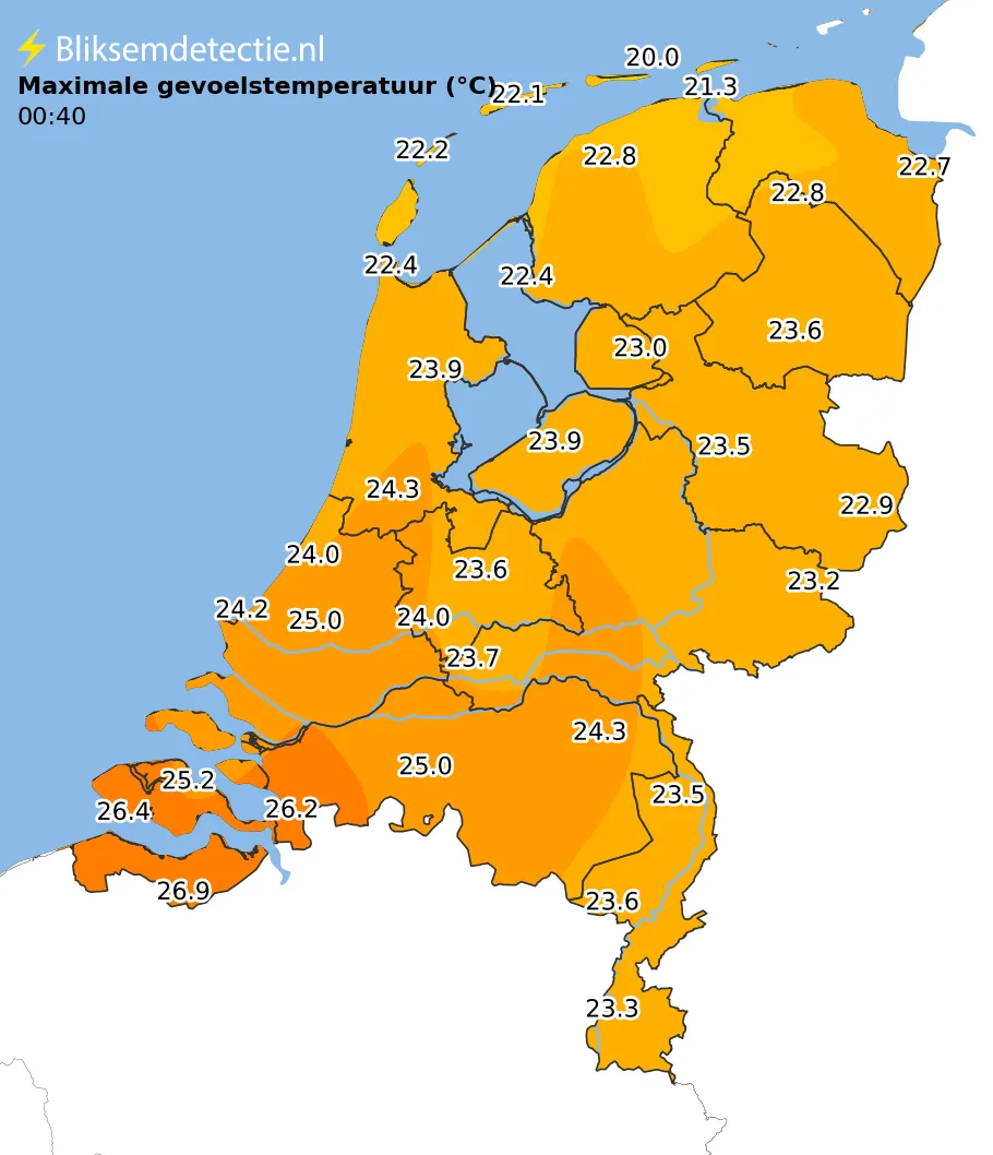 Maximale gevoelstemperatuur kaart Nederland
